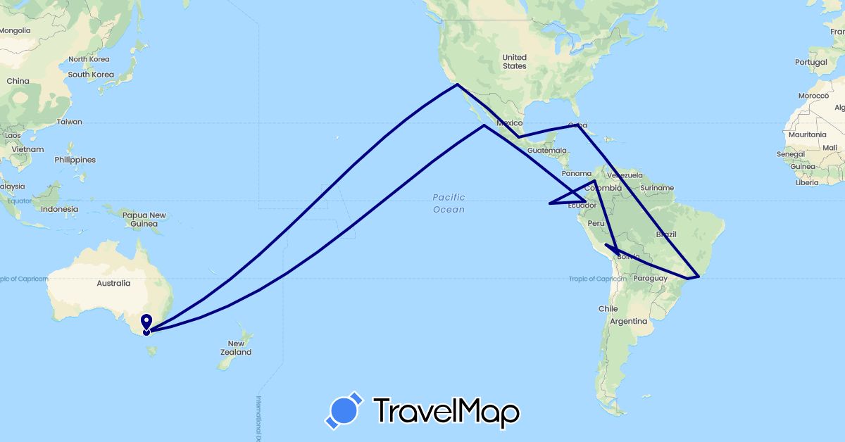 TravelMap itinerary: driving in Australia, Bolivia, Brazil, Colombia, Cuba, Ecuador, Mexico, Peru, United States (North America, Oceania, South America)